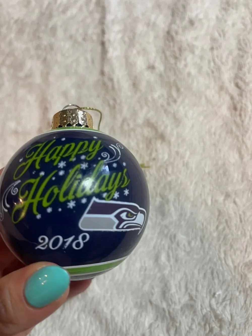 Seattle Seahawks Navy & Lime 'Happy Holidays' 2018 Ornament